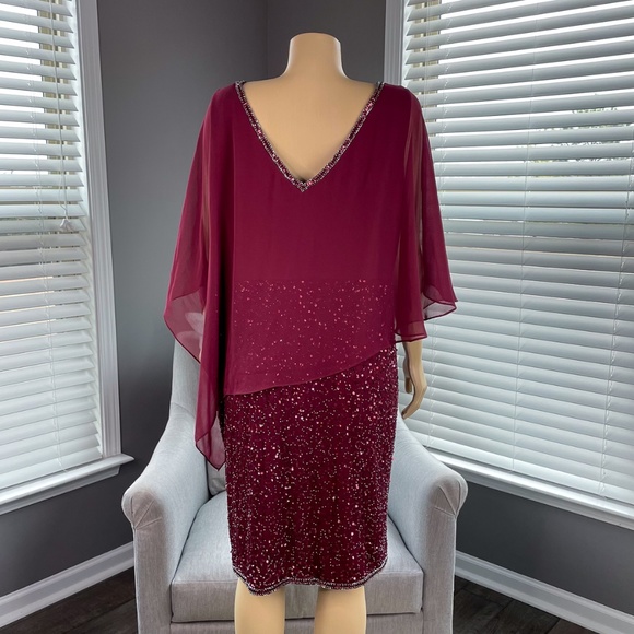 J Kara Women's Size Caplet V-Neck Short Cocktail Beaded Dress, Cranberry Multi - Picture 7 of 11
